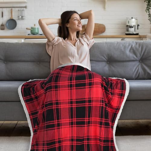 Catalonia Red Plaid Sherpa Throw Blanket, Super Soft Warm Snuggly Christmas Holiday Throws for Couch Cabin Decro, Buffalo Checkered - color: Red Buffalo