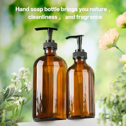 Vitreaux Amber Glass Soap Dispenser 8oz, 3 Pack with Leak-Proof Pump, Refillable Small Glass Bottles for Hand Soap, Lotion, Shampoo & Dish Soap, Includes Protective Black Caps & Easy-Pour Funnel