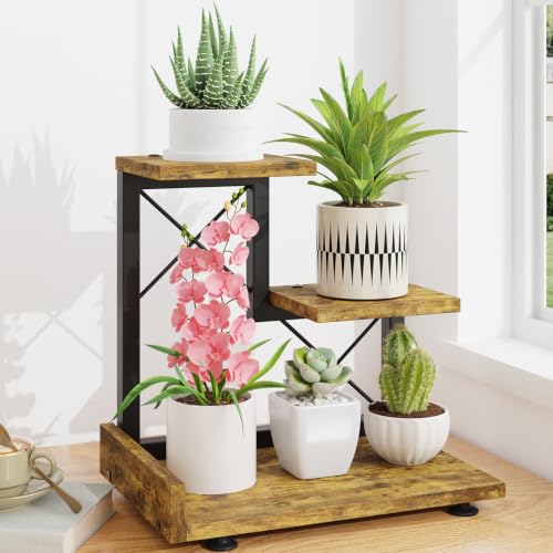 LASZOLA Plant Stand Indoor Tabletop Small for Desk, 3 Tier Wooden Brown | Corner Shelf for Succulents, Countertop Flower Holder Display Rack Organizer for Office Kitchen Decor, Desk Accessories - color: Brown