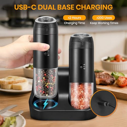 Rechargeable Gravity Electric Salt Grinder Set,Black | w/ Variable Grinding Speed, External Adjustable Coarseness, External Adjustable Coarseness, Charging Base and White LED Light - color: Black with Charging Base