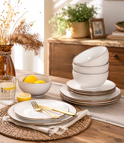 GBHOME Stoneware Dinnerware Set for 4, 12 piece Farmhouse Plates and Bowls | Elegant Embossed Ceramic Dish Set, Scratch Resistant, Microwave & Dishwasher Safe, Off white - color: Off White-Wheat Ear