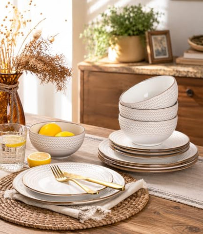 GBHOME Stoneware Dinnerware Set for 4, 12 piece Farmhouse Plates and Bowls | Elegant Embossed Ceramic Dish Set, Scratch Resistant, Microwave & Dishwasher Safe, Off white - color: Off White-Wheat Ear
