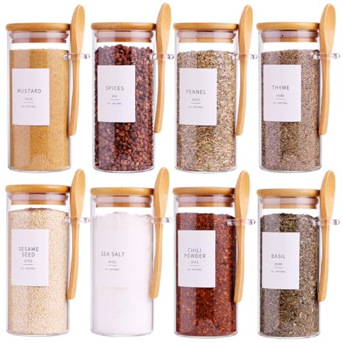 8 Pcs Glass Containers with Bamboo Lids and Spoons - 10 oz Sugar Container with 148 Kitchen Pantry Spice Jar Labels Preprinted - Glass Spice Jars with Wooden Lids Hold Coffee, Tea, Candy, Herbs - color: 10oz