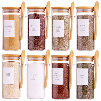 8 Pcs Glass Containers with Bamboo Lids and Spoons - 10 oz Sugar Container with 148 Kitchen Pantry Spice Jar Labels Preprinted - Glass Spice Jars with Wooden Lids Hold Coffee, Tea, Candy, Herbs - color: 10oz