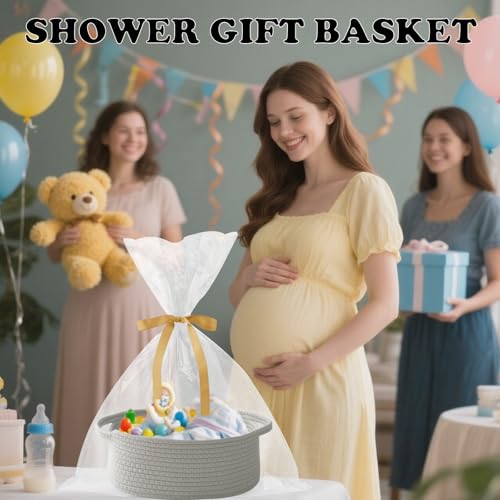 2 Pack White Small Woven Rope Basket with Handles | Empty Gifts Basket with Bag and Ribbons, Cute Handle Organizer Box, Birthday/Baby Shower, Toy Storage - color: 2PC-Grey