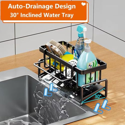 CIT ZCFY Kitchen Sink Caddy Organizers - Stainless Steel Sink Caddy with 30 Tilt Self-Drainage, Dish Brush Holder & Removable Dishcloth Rack - Gray