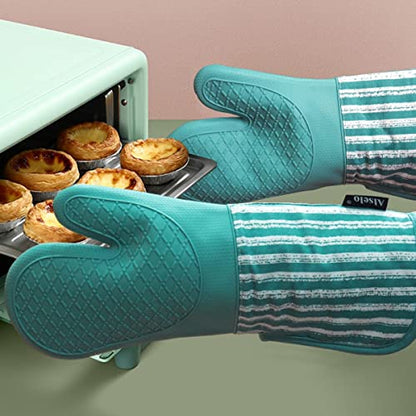 Alselo Silicone Oven Mitts Heat Resistant 932℉ with Waterproof & Non-Slip | Kitchen Mittens Set of 2,Extra Long 7.5"x15" Oven Gloves with Soft Cotton Terry Lining for Baking Cooking BBQ(Green,2) - color: Green