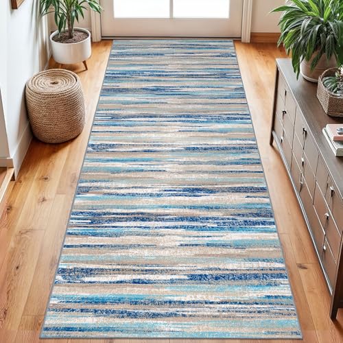 Lansny Abstract Washable 2.6x8 Runner Rug Non Slip Runners for Hallway | Navy Blue;Thin Printed Faux Wool Rug Runners for Kitchen, Entryway;Hallway Runner Rug Non Skid;8ft Carpet Runner - color: Blue Aqua/Beige Taupe Multi, size: 2'7" x 8' (Runner)