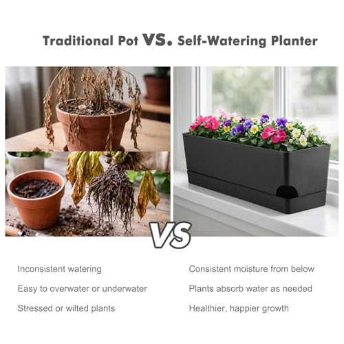 Party Zealot Self Watering Pots for Indoor Plants, 3 Pack Window Boxes Planters 17 Inch Rectangular Planter Rectangle Flower Pots Long Plant Pot Large Window Sill Herb Planter Box, Black - color: Black