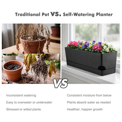 Party Zealot Self Watering Pots for Indoor Plants, 3 Pack Window Boxes Planters 17 Inch Rectangular Planter Rectangle Flower Pots Long Plant Pot Large Window Sill Herb Planter Box, Black - color: Black