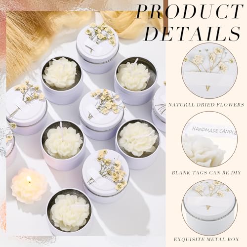 Threlaco 12 Pcs Flower Bridal Candles Set Bridesmaid Gift,White | 2" Wax Scented Candle Bulk, with Dried Flower and Cans, for Wedding Shower Proposal Anniversaries Women Christmas Party Favor - color: White
