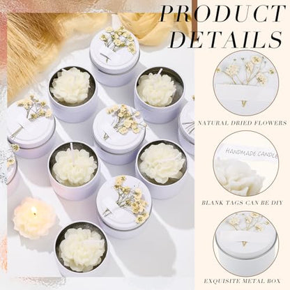 Threlaco 12 Pcs Flower Bridal Candles Set Bridesmaid Gift,White | 2" Wax Scented Candle Bulk, with Dried Flower and Cans, for Wedding Shower Proposal Anniversaries Women Christmas Party Favor - color: White