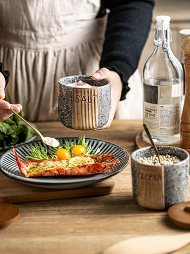 Salt and Pepper Containers for Countertop, Ceramic Salt Pepper Bowls | 10 OZ Salt Cellar with Wooden Lid and Spoons, Farmhouse Salt and Pepper Set of 2, Marble Design, Easy Access, Gray - color: Gray, size: Set of 2