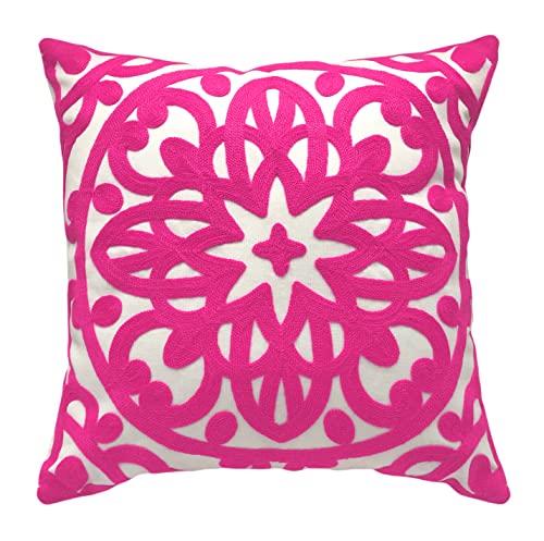Alysheer Embroidered Decorative Throw Pillow Cover 18x18 inches, Classic Boho Mandala Knit Pattern, Farmhouse Cottage Cotton Canvas Cushion Case for Sofa Couch Bed Living Room Decor(Bright Hot Pink) - color: Vivid Hot Pink, size: 18" x 18" (Pack of 1)