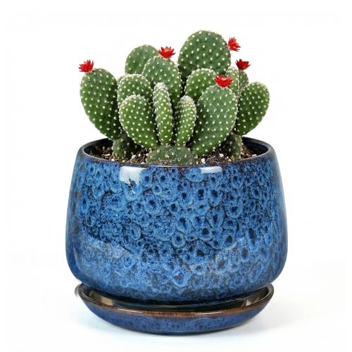 7.5 Inch Flower pots for Indoor Outdoor Plants with Saucer Drainage Leak-Proof Mesh, Ceramic Planter with Gardening Gloves for Succulent and Flower(Peacock Blue) - color: Peacock Blue, size: 7.5 Inch