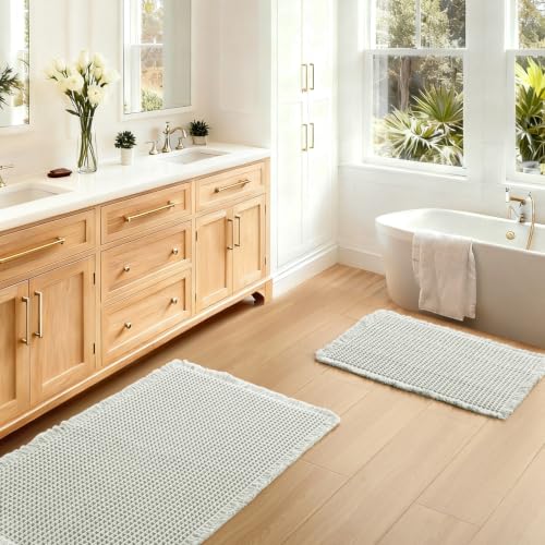JIUZHEN Set of 2 Waffle Bath Mats Super Absorbent Bath Mat Non Slip Bathroom Rugs for Bathroom Floor Dry Fast Washable Boho Rugs for Beside Tub, 16" x 24" +18" x 30", Cream - color: Cream, size: 16"x24" + 18"x30"