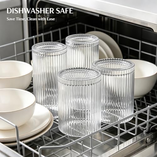 INSETLAN Set of 8 Vintage Glassware - 4 Highball Glasses 12 oz, 4 Rocks Glass Cups 14 oz, Ribbed Glassware Cocktail Glasses, Ideal for Wine, Juice, Water, Ice Coffee Cup, Whiskey, Mixed Drinkware