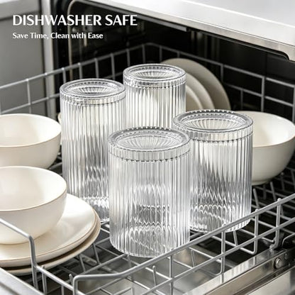 INSETLAN Set of 8 Vintage Glassware - 4 Highball Glasses 12 oz, 4 Rocks Glass Cups 14 oz, Ribbed Glassware Cocktail Glasses, Ideal for Wine, Juice, Water, Ice Coffee Cup, Whiskey, Mixed Drinkware
