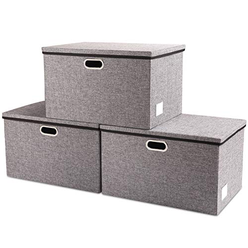 Extra Large Collapsible Storage Bins with Lids [3-Pack] Linen Fabric Foldable Storage Baskets Boxes Organizer Containers Cube with Cover for Bedroom Closet Office Nursery (22.8x15.75x13.8) - color: Gray, size: XXL (3-Pack)