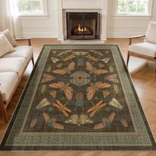 Arenarug Area Rug 5x7 Non Slip Washable Rug Insect Boho Soft Distressed Vintage Lightweight Low Pile Carpet for Living Room, Bedroom, Dining Room, Kitchen, Office, Brown - color: Brown, size: 5'x7'