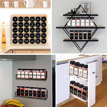 Churboro 25 Pack Glass Spice Jars with Labels, 4oz Spice Containers | Square Spice Bottles with Black Caps, Shaker Lids, 547 Labels, Funnel & Chalk Pen. Keep Seasoning Jars Neat and Organized
