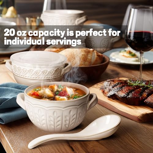 French Onion Soup Bowls with Handles and lids & Spoons, 20 Oz Ceramic Soup Crocks Oven Safe Serving Bowls for Chili, Beef Stew, Cereal, Pot Pies, Embossment, Set of 4, White (Wheat Leaf) - color: White (Wheat Leaf)