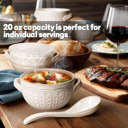 French Onion Soup Bowls with Handles and lids & Spoons, 20 Oz Ceramic Soup Crocks Oven Safe Serving Bowls for Chili, Beef Stew, Cereal, Pot Pies, Embossment, Set of 4, White (Wheat Leaf) - color: White (Wheat Leaf)