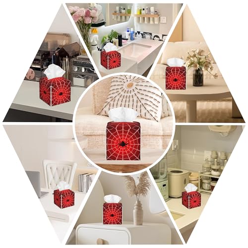 Spider Web Tissue Box Cover Square, Tissue Box Holder with Bottom Belt Leather Facial Paper Organizer Dispenser for Bathroom Bedroom Dresser Night Stand Tabletop - color: Spider Web