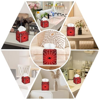 Spider Web Tissue Box Cover Square, Tissue Box Holder with Bottom Belt Leather Facial Paper Organizer Dispenser for Bathroom Bedroom Dresser Night Stand Tabletop - color: Spider Web