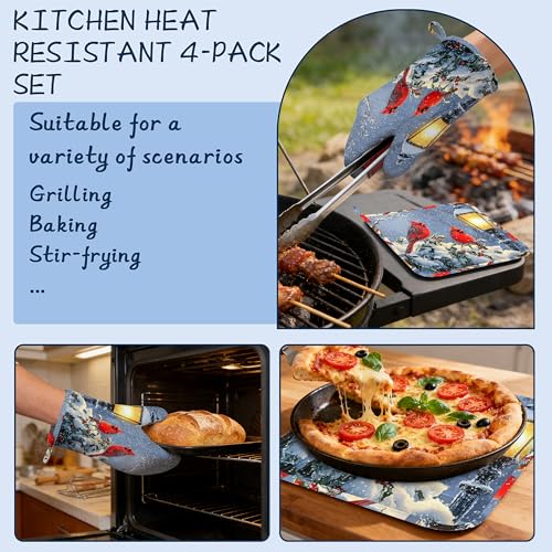 Red Cardinal Oven Mitts and Pot Holders Sets,Extra Long Winter Snow Branch Kitchen Mittens for Cooking,Thick Cotton Heat Resistant Silicone Cooking Utensils Set for Baking Cooking Grilling - color: Red Cardinal