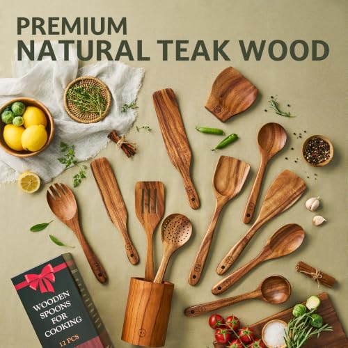SOOMGYEOL SEOM 12-Piece Teak Wood Cooking Utensil Set With Holder | Natural Teak Wood, Uncoated, 8 Cooking Utensils, 2 Spurtles, Holder & Spoon Rest, Nonstick Safe - size: 12 PCS Set