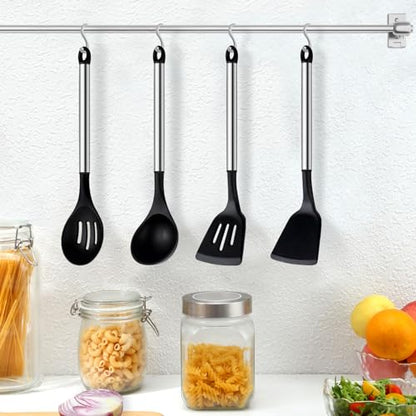 Pleafind 4-Pcs Silicone Cooking Utensils Set, Wok Utensils Set Include Wok Ladle, Slotted Spoon, Solid Spatula and Slotted Spatula, Silicone and Stainless Steel Kitchen Utensils, Dishwasher Safe - color: 4P-Black