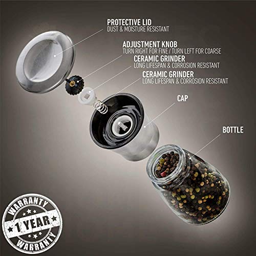 Home EC Original Stainless Steel Sea Salt and Pepper Grinder Set of 2 - Adjustable Ceramic - Glass Salt and Pepper Shakers - Kitchen Pepper Mill & Salt Mill W/Funnel & EBook - color: Clear Glass, size: 2pk