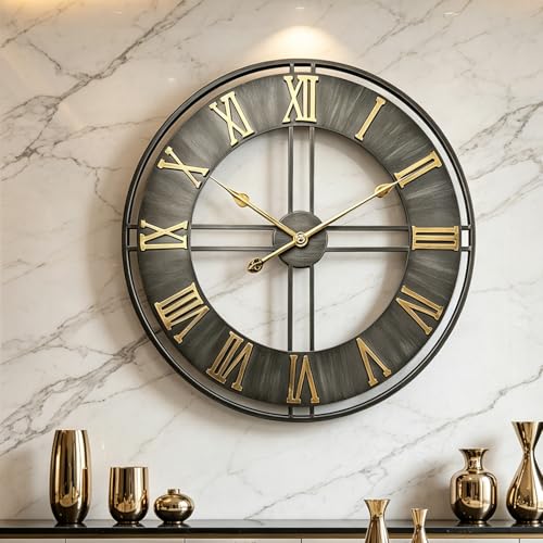 Dankeit Large Wall Clock,20inch Metal Wall Clocks,Quality Quartz Movement Roman Numerals Clock for Living Room Bedroom Kitchen Decor,Silent Oversize Clock Battery Powered - color: F