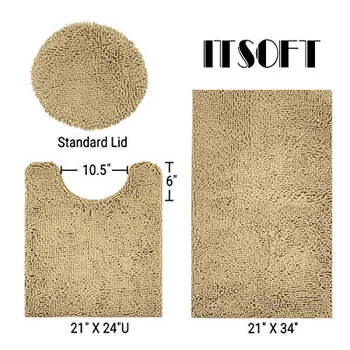 Standard 3pc Non-Slip Shaggy Chenille Bathroom Mat Set, Includes 24"x21" U-Shaped Contour Toilet Rug, 34"x21" Inches Bathmat and 1 Toilet Lid Cover, Beige - color: Beige, size: 24''x21’’, 34’’x21’’ and TLC (Set)