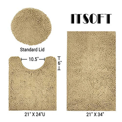 Standard 3pc Non-Slip Shaggy Chenille Bathroom Mat Set, Includes 24"x21" U-Shaped Contour Toilet Rug, 34"x21" Inches Bathmat and 1 Toilet Lid Cover, Beige - color: Beige, size: 24''x21’’, 34’’x21’’ and TLC (Set)