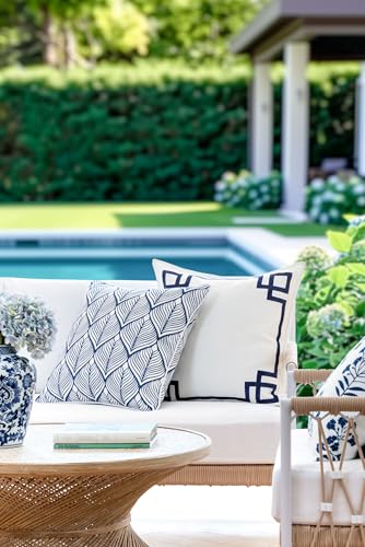 Hofdeco Premium Coastal Patio Indoor Outdoor Throw Pillow Cover Only, 20"x20" Water Repellent for Backyard, Couch, Navy Blue Print Geometric Leafs - color: Navy Blue Geometric Leafs 20"x20"