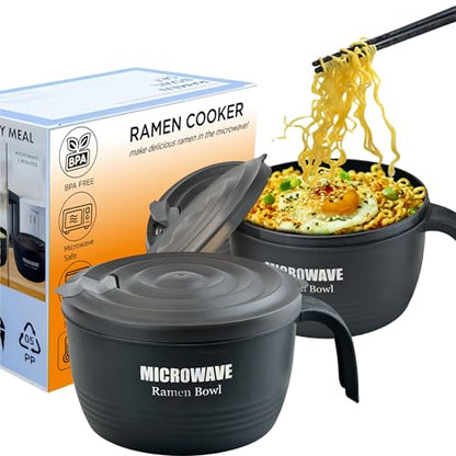Layron 2 Sets Microwave Ramen Cooker Bowl 45 oz Instant Noodle Bowl with Handles Ramen Noodle Cooker with Spoon Chopsticks Fork Knife College Dorm Room Essentials(Black, Black) - color: Black