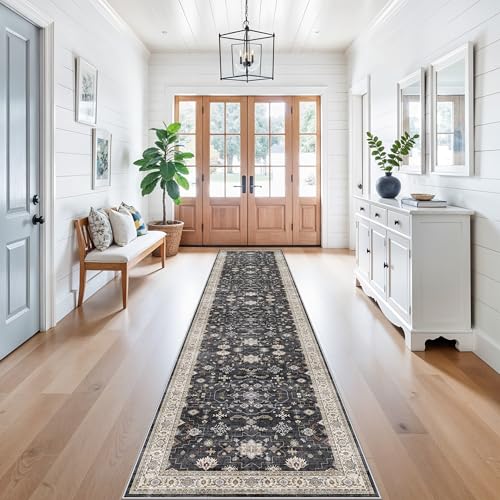 Hallway Washable 2'6x12 Runner Rug - Vintage Kitchen Rugs Non-Slip Soft Thin Farmhouse Carpet for Entryway Low Pile Indoor Floor Decor Mat for Bathroom Living Room Bedroom (Black/Multi,2'6"x12') - color: Black/Multi, size: 2'6" x 12' (Runner)