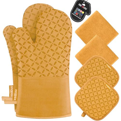 KEGOUU Oven Mitts and Pot Holders 6pcs Set, Kitchen Oven Glove High Heat Resistant 500 Degree Extra Long Oven Mitts and Potholder with Non-Slip Silicone Surface for Cooking （Orange） - color: Orange