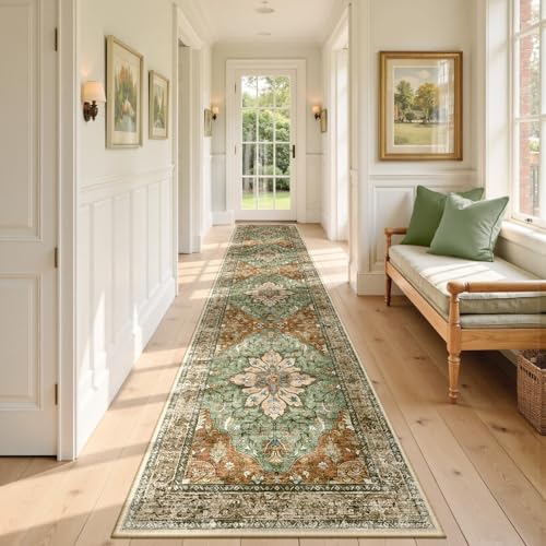 RELEANY Washable Area Rug, Runner 2'6"x12', Brick/Brown/Green | Non-Slip, Water Repellent, Pet Friendly, Easy to Clean, Vintage Floral Boho Decor for Kitchen Hallway Laundry Living Room - color: Brick/Brown/Green, size: 2'6" X 12' (Runner)
