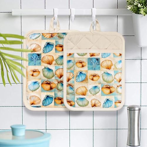 Pot Holders Set of 2 Heat Resistant 480 ℉Non Slip Clear Silicone Printed Comfortable Cotton Lining Kitchen Women Men Cooking Baking Microwave Machine Washable (Shell, Beige potholders) - color: Shell, Beige Potholders