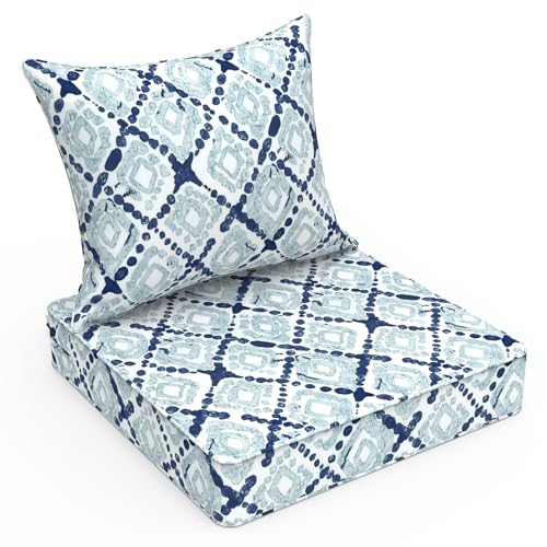 LVTXIII Outdoor Deep Seat Cushion Patio Seat and Back Cushion Set Seasonal Chair Cushion with Removable Cover and Adjustable Buckle for Home and Garden, 22"x22"x4", Boho Geometry Blue - color: Boho Geometry Blue, size: 22x22x4