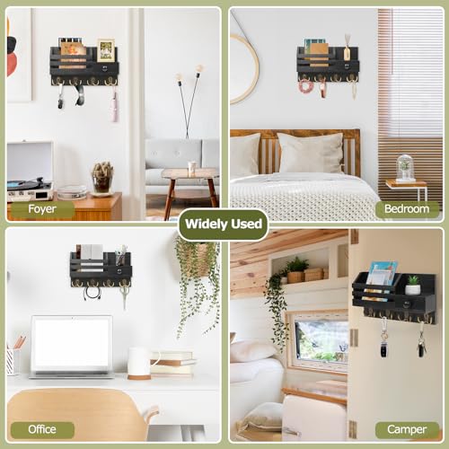 Key Holder Wall Mount, Wooden Key and Mail Organizer, Black | 2 Mount Options, Includes 8 Hooks, Fence Mail Slot, Small Drawer and Shelf, for Entryway, Hallway, Doorway, Living Room, RV - color: Black