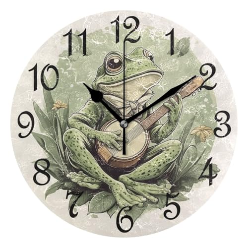 Frog Playing Banjo Round Wall Clock Silent Non Ticking Bathroom Clocks 10 Inch Battery Operated Clock for Kitchen Living Room Bedroom Home Decor - color: A002