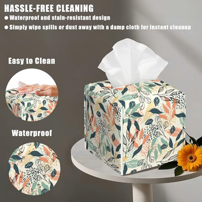 Boho Leaves Tissue Box Cover Square, Tissue Box Holder with Bottom Belt Leather Facial Paper Organizer Dispenser for Bathroom Bedroom Dresser Night Stand Tabletop - color: Boho Leaves