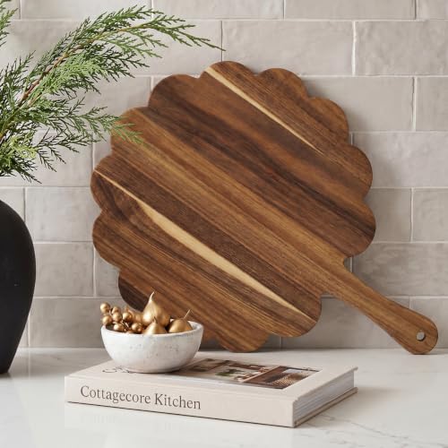 Scalloped Cutting Board Wood for Cottagecore Kitchen Decor, Acacia Decorative Serving Board Large Wavy Edge Charcuterie Tray for Snack Cheese Appetizers Platter Engraving Housewarming Gift