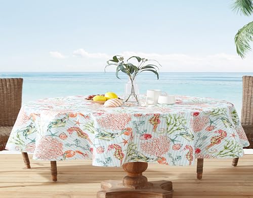 Newbridge Vinyl Oval Tablecloth with Flannel Backing, 60 x 84 Inch, Neponsit Sea Life, Waterproof, Soil Resistant Dining Room, Party and Banquet Table Cover, Starfish, Seahorses and Coral, Blue - size: 84" x 60" (Oval)