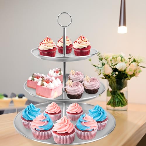 3 Tier Silver Cupcake Stand Stainless Steel Dessert Display Rack with Removable Tiered Tray for Parties,Weddings,Birthdays,Decorations,Any Festivals and Festivities(Stainless Steel Pole)