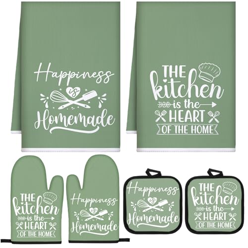 Sratte 6 Pcs Kitchen Decor Accessories Set, Kitchen, Sage Green | Farmhouse Kitchen Towels Pot Holders Oven Mitts Set 2 Dish Towels 2 Potholders 2 Cooking Mittens for Baking Cooking Supply - color: Sage Green, style: Kitchen